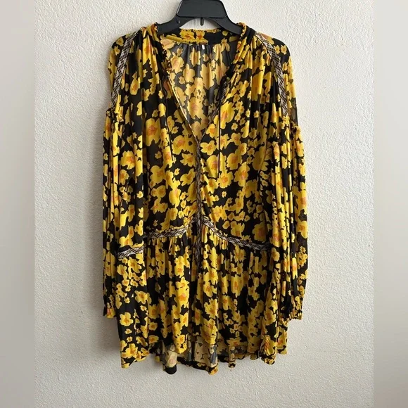 Free People Yellow and Black Tiered Sundress with Bishop Sleeves M - Picture 10 of 16